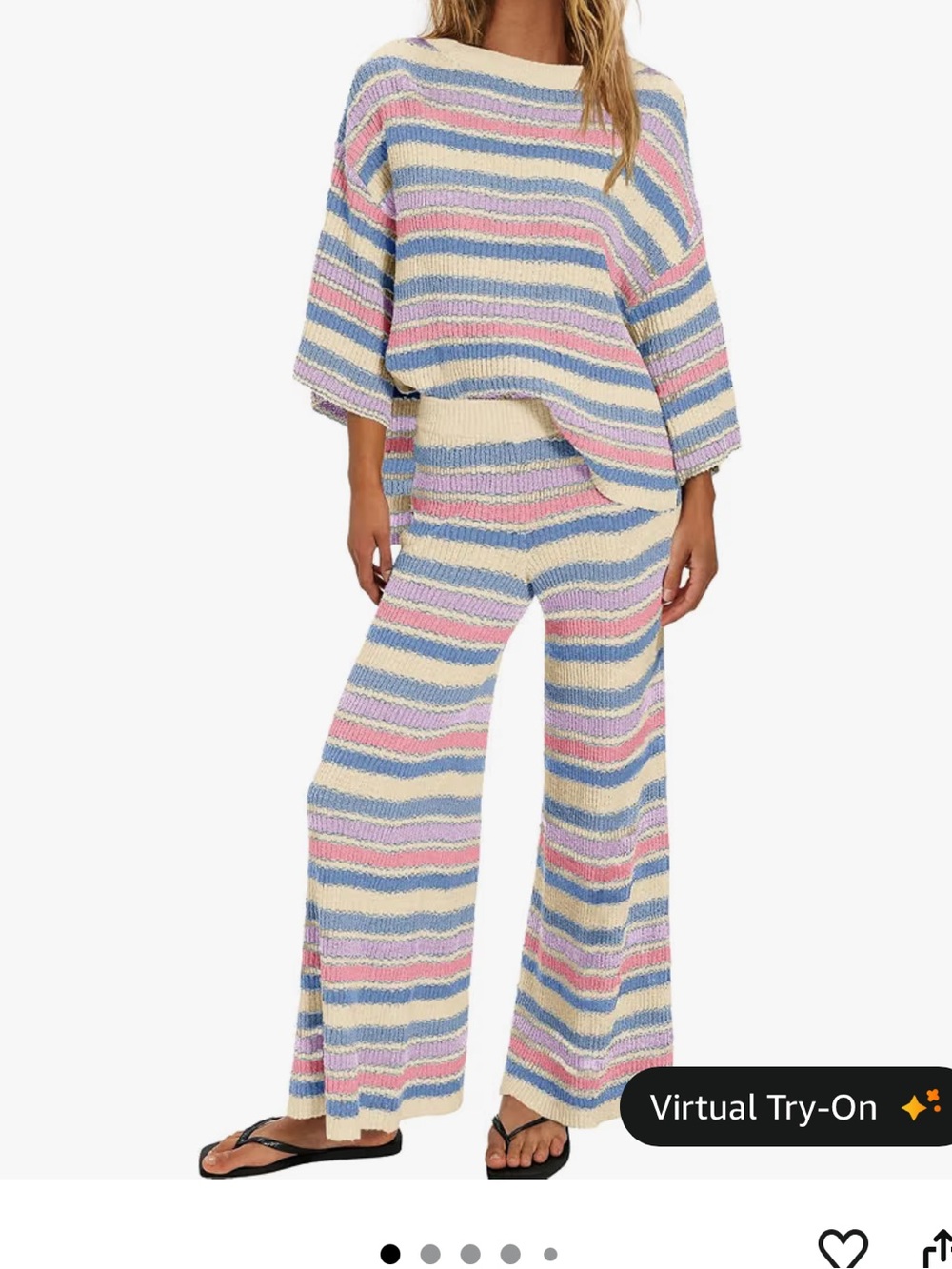 Knit Wide-Leg Lounge Pants in Cream Multi-Stripe- size M